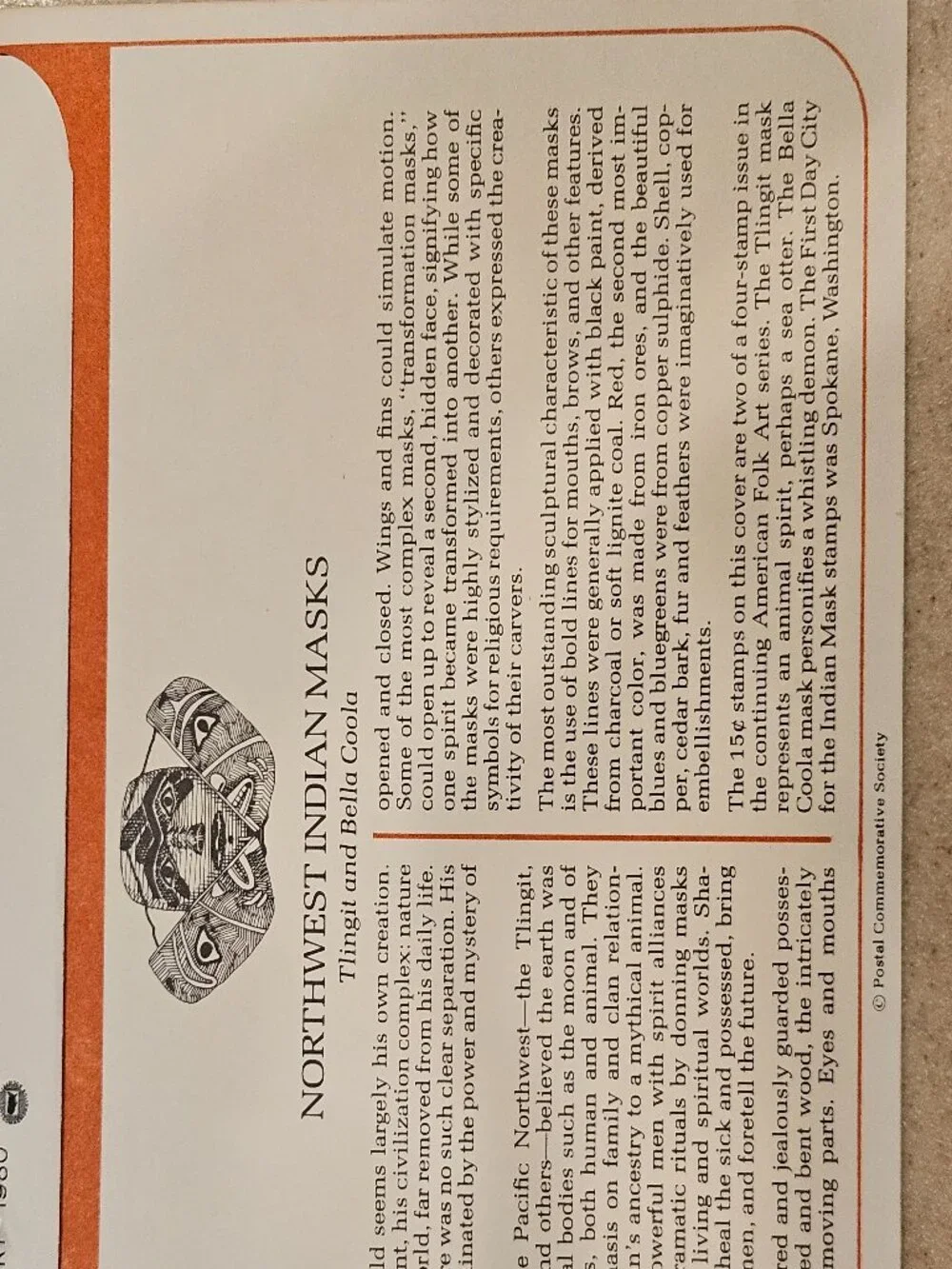 RARE COLLECTIBLE USPS 1ST DAY ISSUE COVER NORTHWEST INDIAN MASKS FOLK ART STAMP